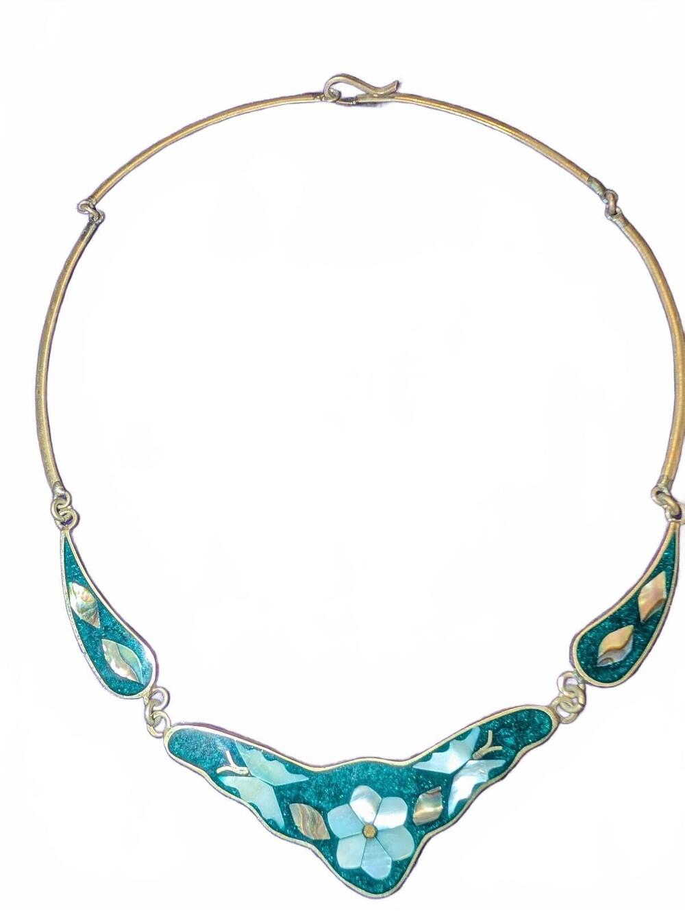 Vintage Alpaca Mexican Silver Inlaid Necklace with Turquoise and Mother of Pearl